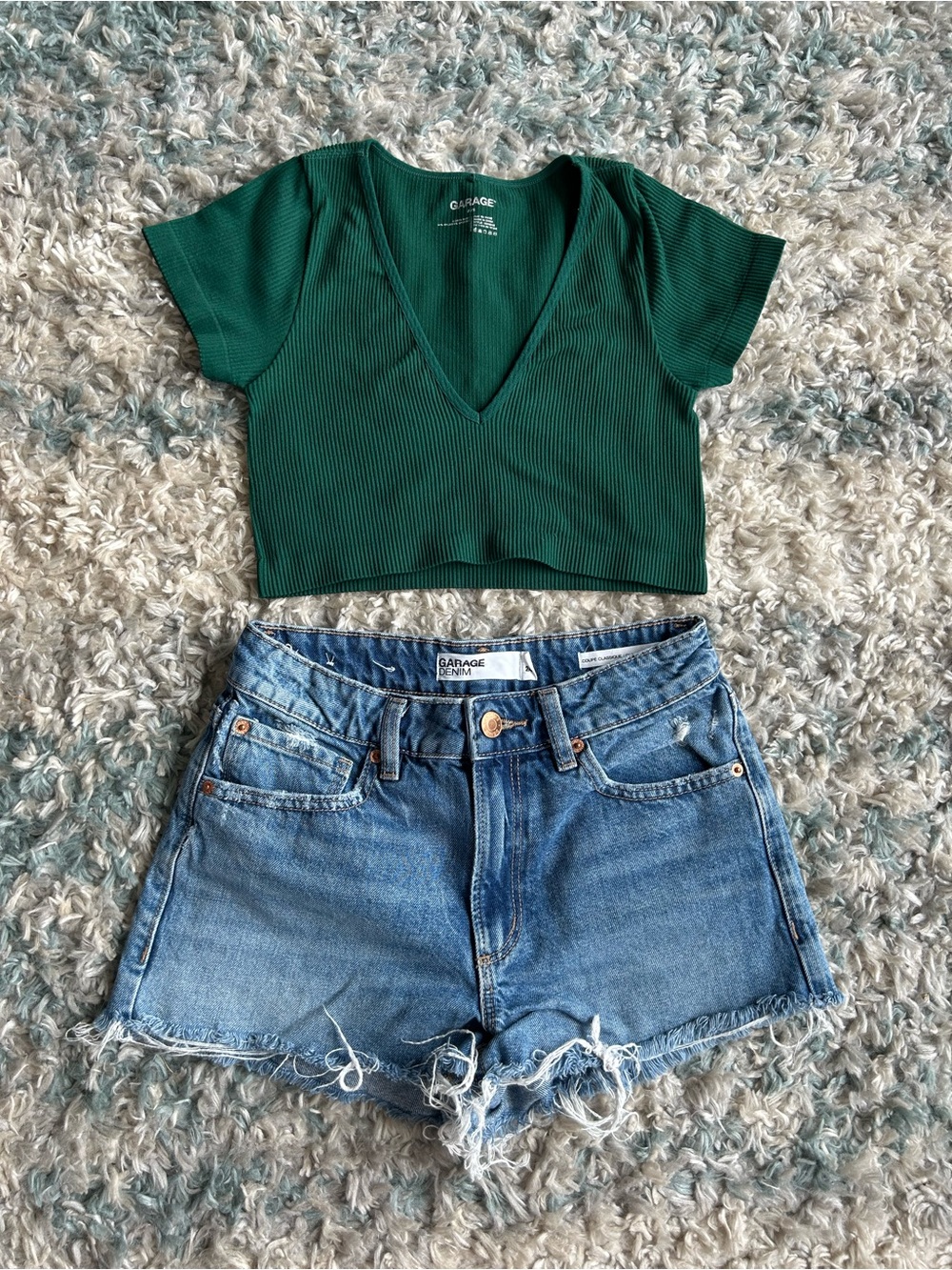 Garage Women’s Light Blue Distressed Cropped Jeans/Cropped Green Top